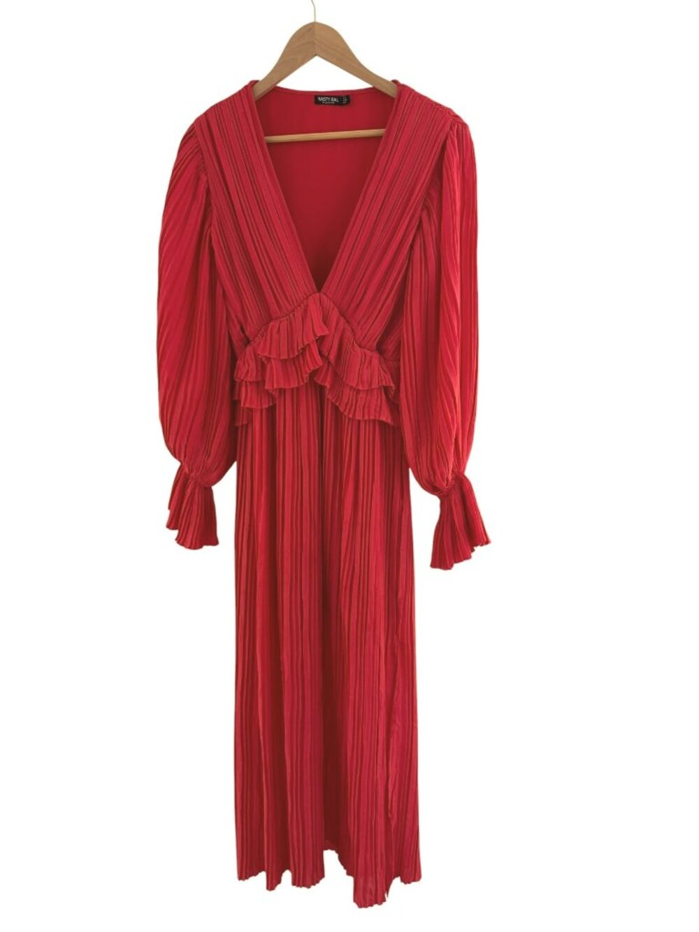 Nasty Gal Red-Orange Ruffle Plunging Pleated Midi Maxi Dress Size 4 Wedding - Picture 5 of 11